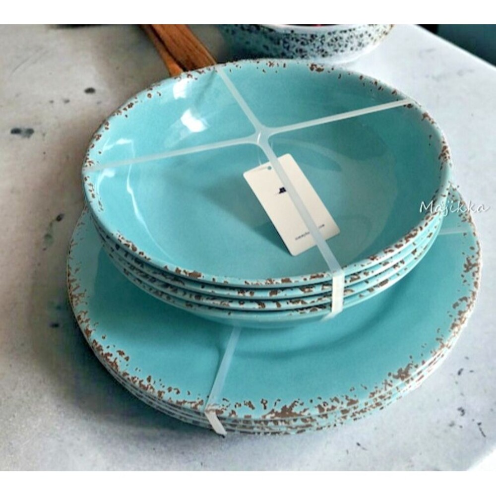 Tommy Bahama Set of 8 Aqua Blue Speckled Melamine 11" Dinner Plates 9" Bowls